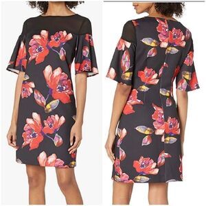 Trina Turk Women's Dina Printed Illlusion Flared Sleeve Dress Size 2